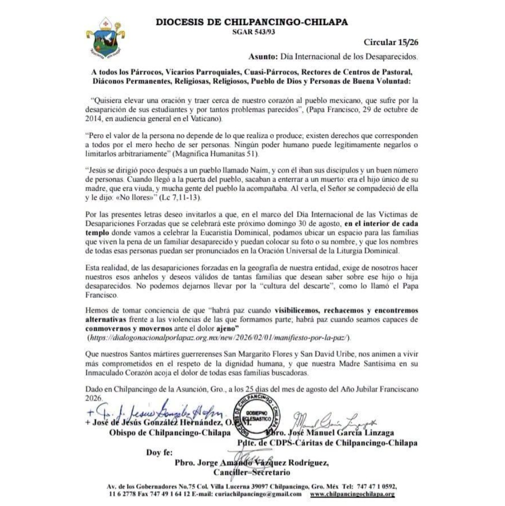 Convoca Diócesis de Chilpancingo-Chilapa a recordar a personas desaparecidas durante misas