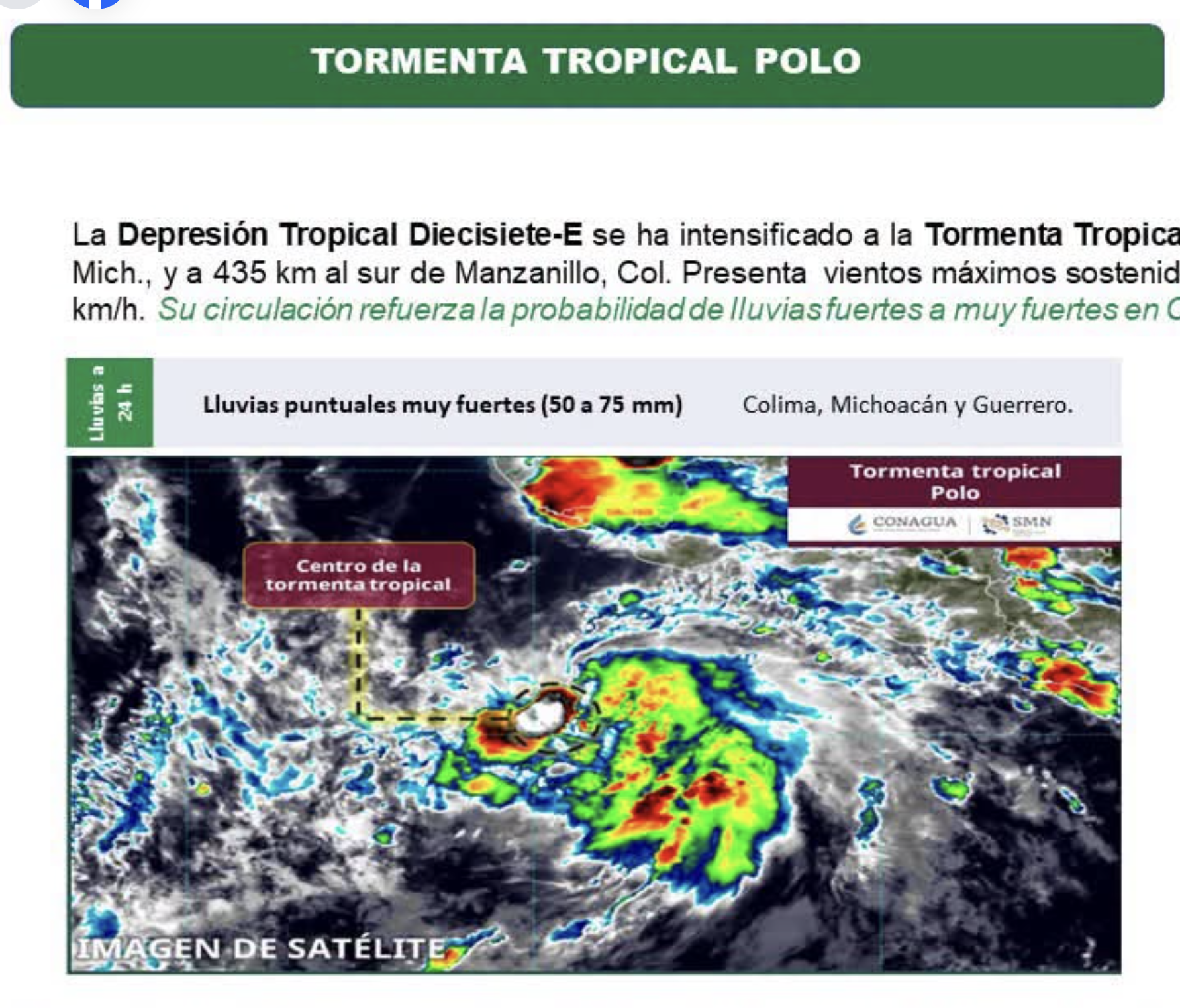 Polo se convierte en tormenta tropical; prevén lluvias fuertes para Guerrero