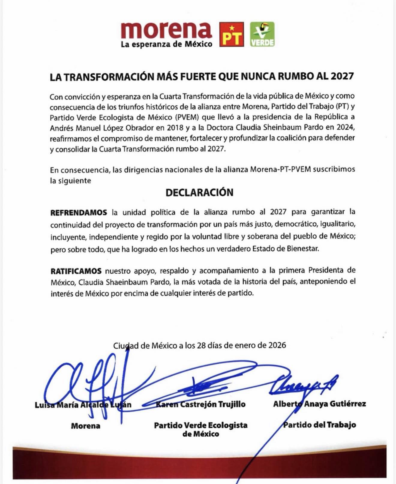 Morena, PT y PVEM refrendan su alianza rumbo a 2027 y ratifican respaldo a Claudia Sheinbaum