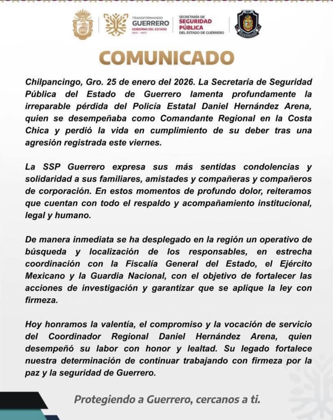 Confirma muerte de mando policial SSP