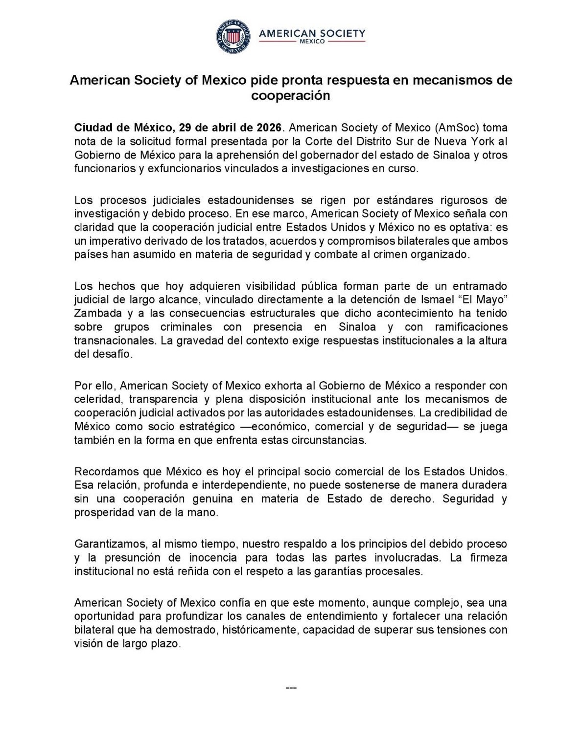 AmSoc urge a México responder con rapidez a solicitudes judiciales de EE.UU; advierte que está en juego como socio estratégico&nbsp;