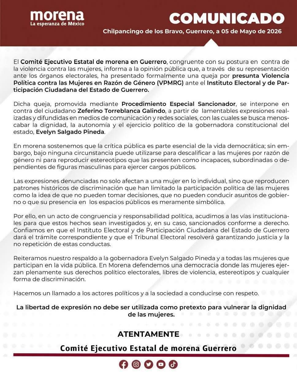 Morena Guerrero presenta queja por violencia política de género contra Zeferino Torreblanca