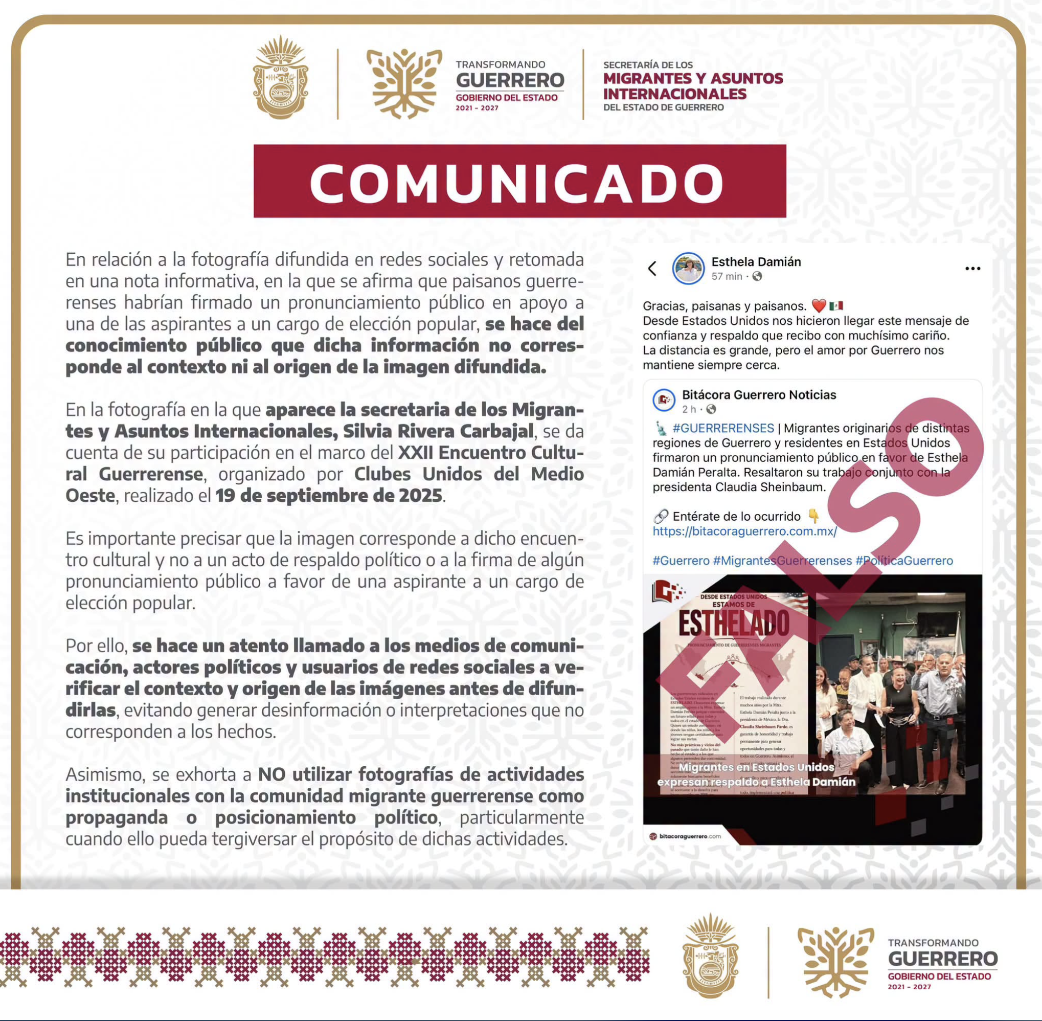 Aclara gobierno estatal supuesto respaldo de migrantes guerrerenses a Esthela Damián; fotografía corresponde a evento de 2025