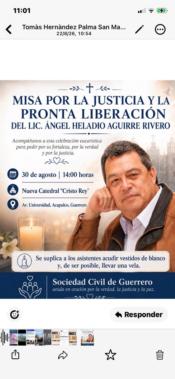 Convocan a nueva misa en Acapulco para pedir libertad de Ángel Aguirre Rivero